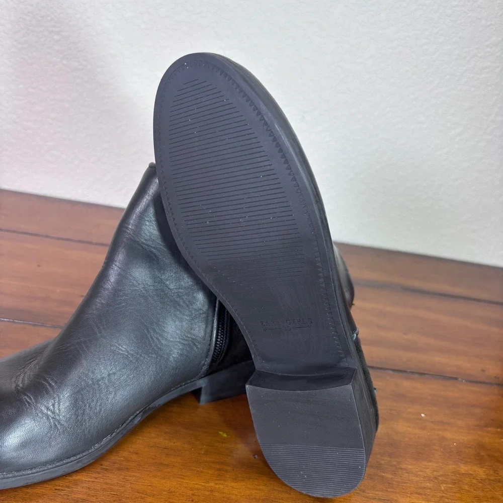 Zara Ankle‎ Boots Girls Size 35 Black Leather Suede Moto Side Zip Buckle Shoes